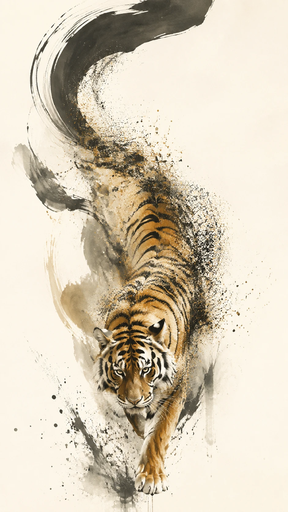 Tiger in sweeping calligraphic arc over ivory negative space
