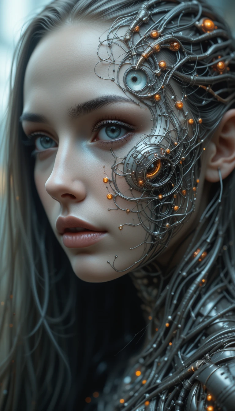 Surreal woman merging with biomechanical creature face