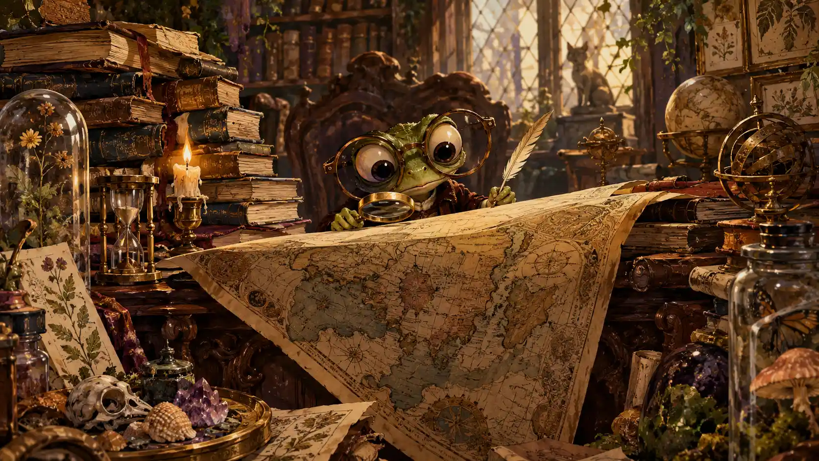 Winziger Froschgelehrter an einem großen antiken Schreibtisch
