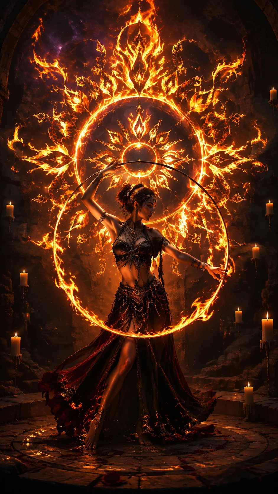 Bailarina de fuego con ardiente sol oculto en ruinas de piedra