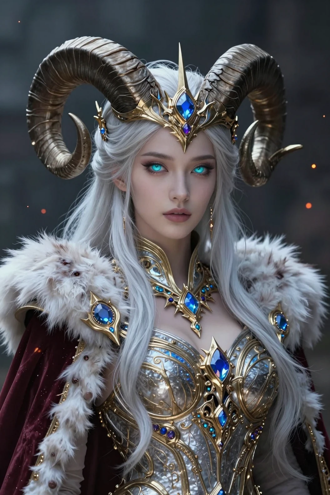 Regal horned warrior queen in ornate fantasy armor