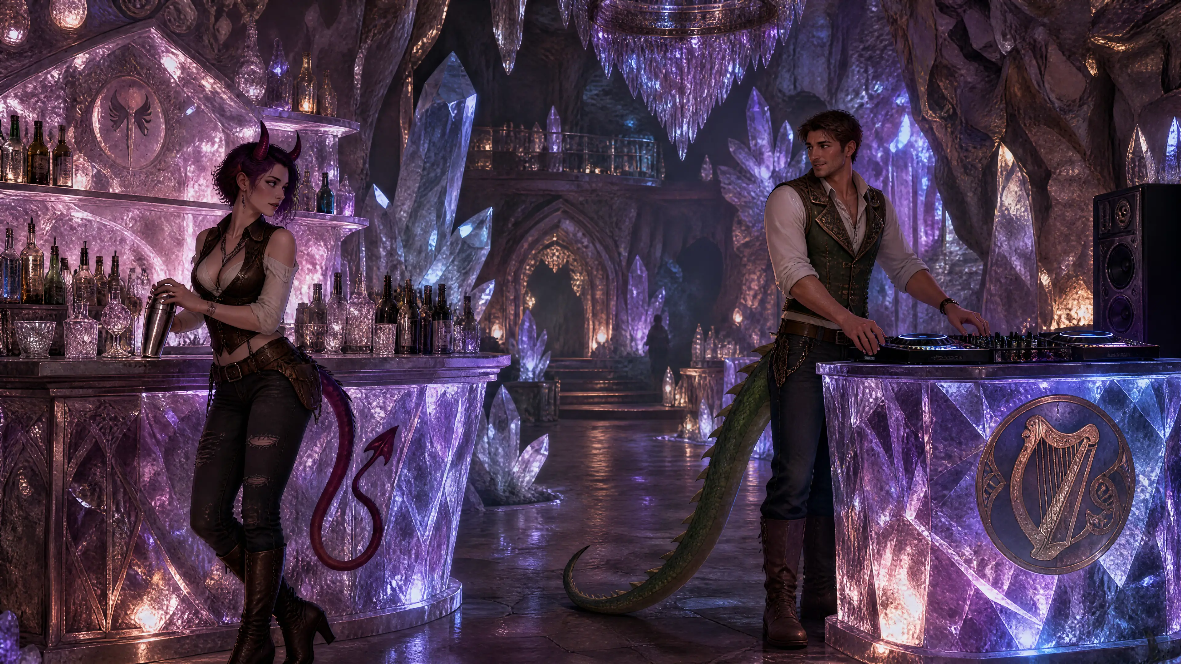 Fantasy couple in a glowing crystal cavern bar