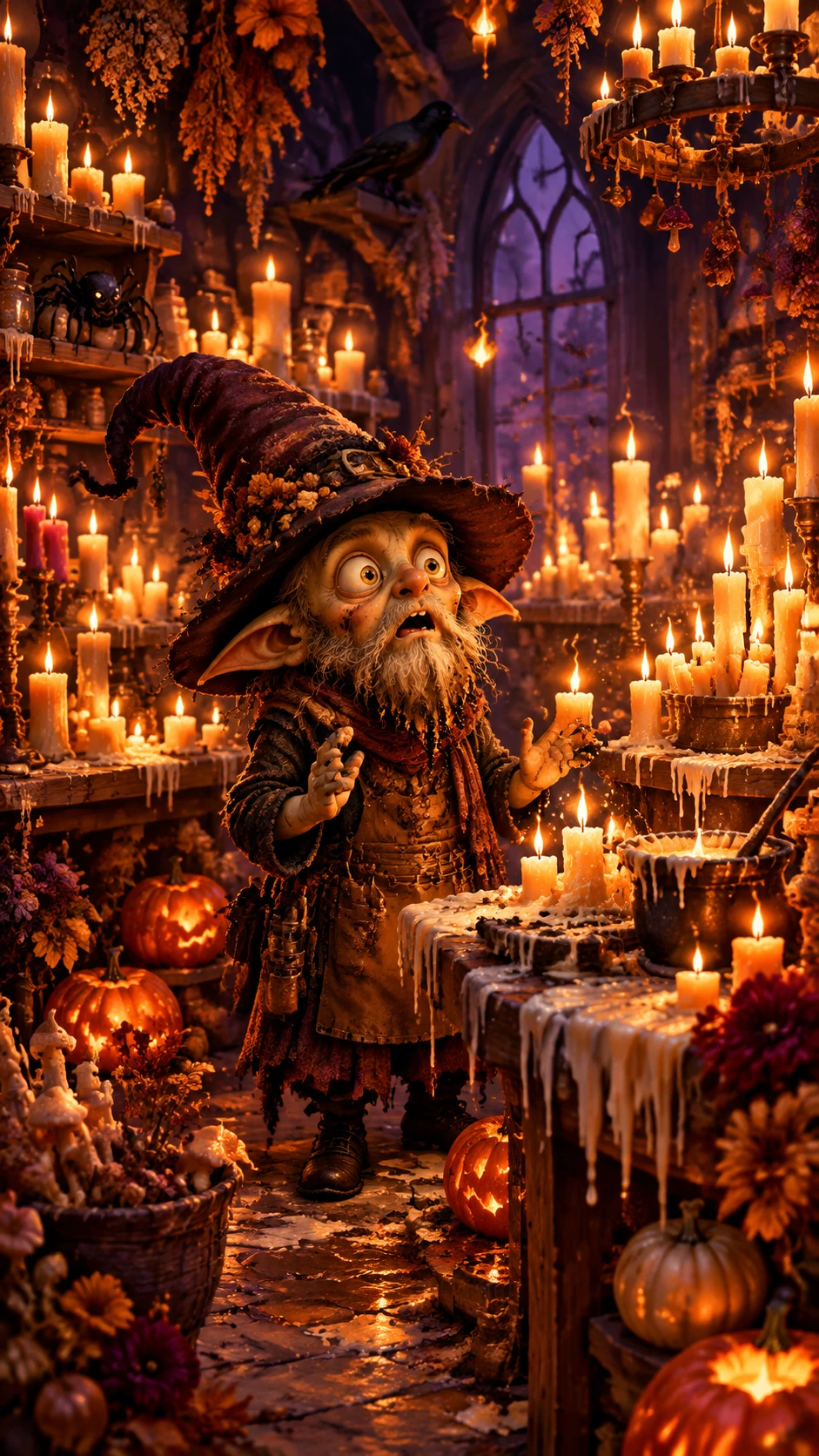 Goblin candle maker in a glowing autumn workshop
