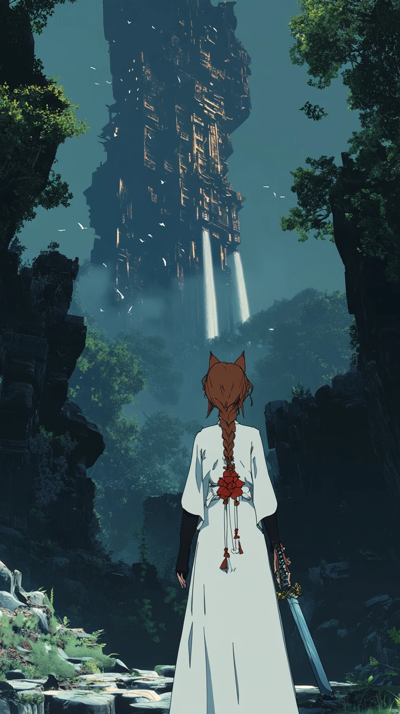 Dead tree and hidden shrine at the edge of a canyon