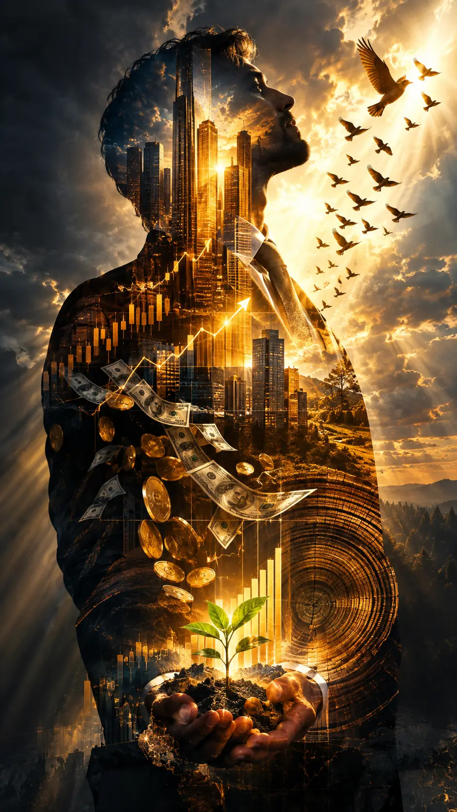 Double exposure business silhouette with golden skyscrapers