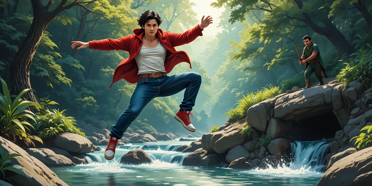 Young man leaping over rocky river in comic forest