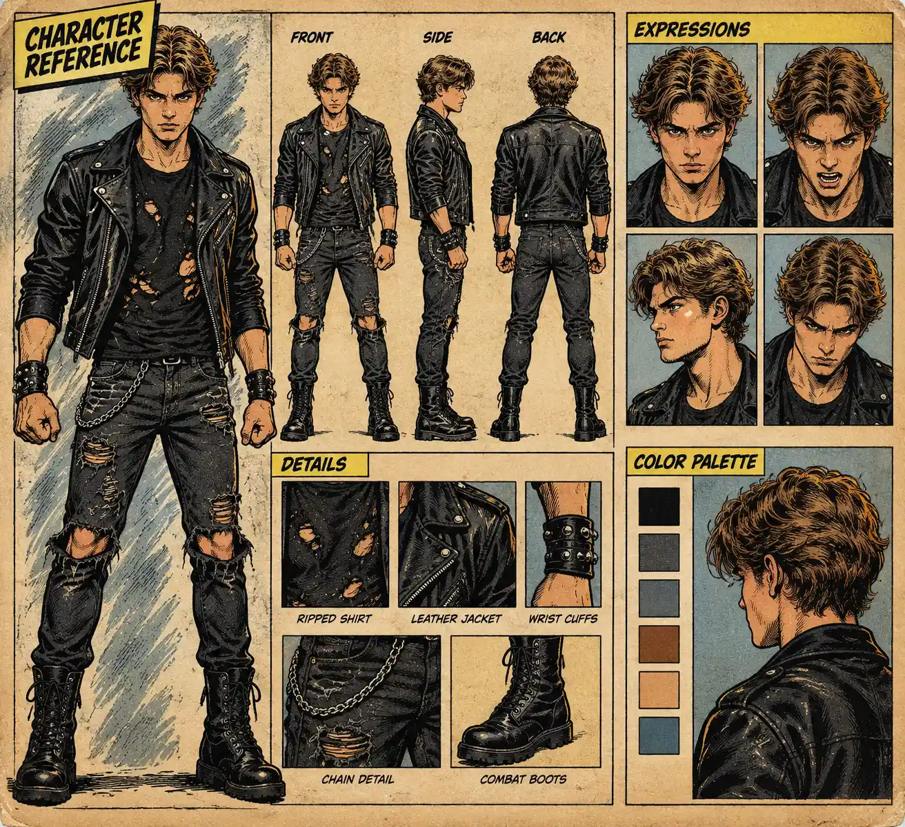 Vintage comic style character reference sheet illustration
