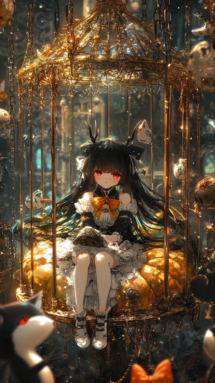 Anime-Mädchen singt in einem goldenen Käfig voller Kissen
