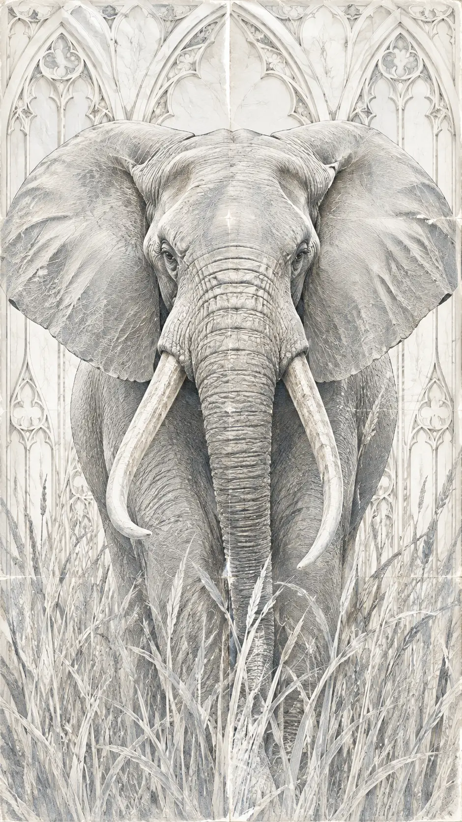 African bull elephant in tall grass on open plain