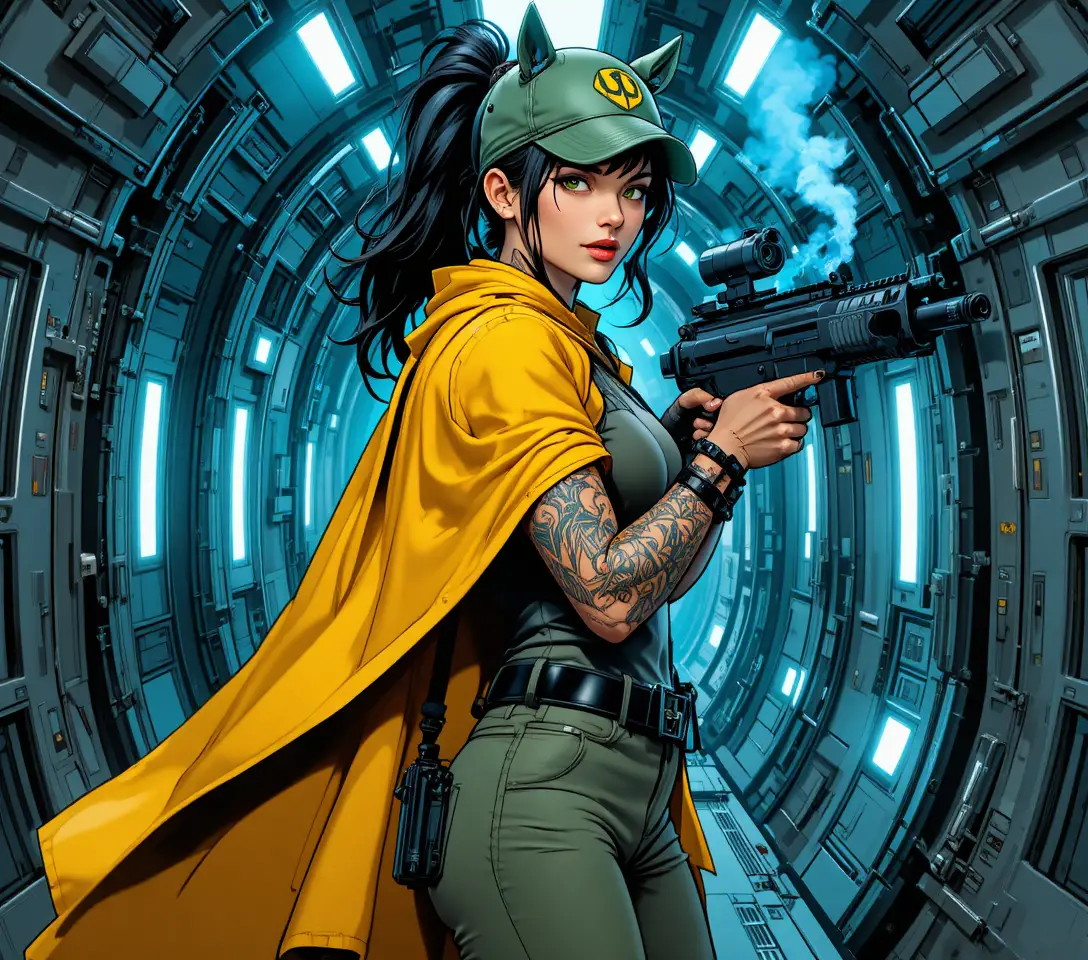 Confident sci fi woman with rifle in spaceship corridor
