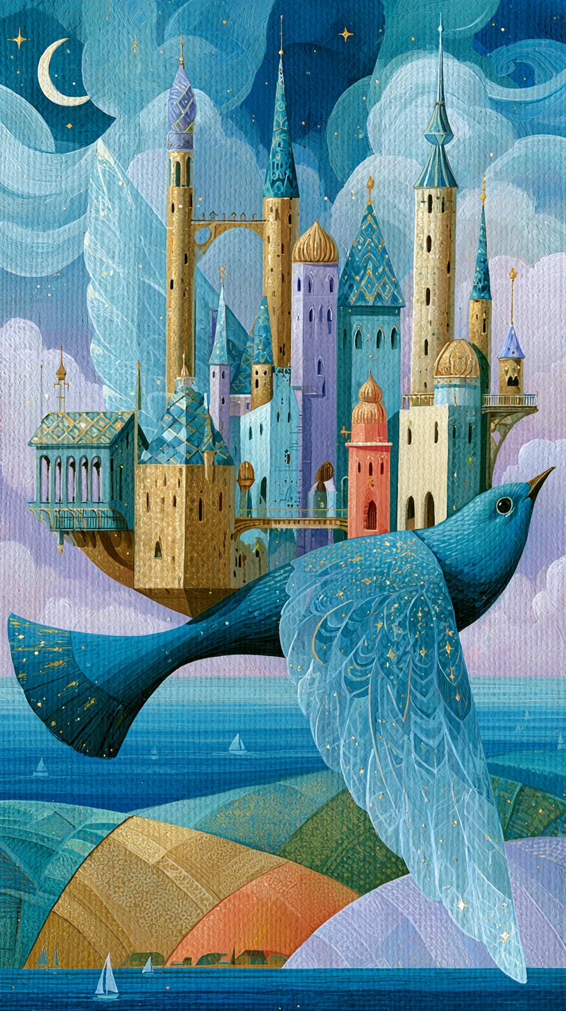 Surreal bird carrying a whimsical floating city at dusk