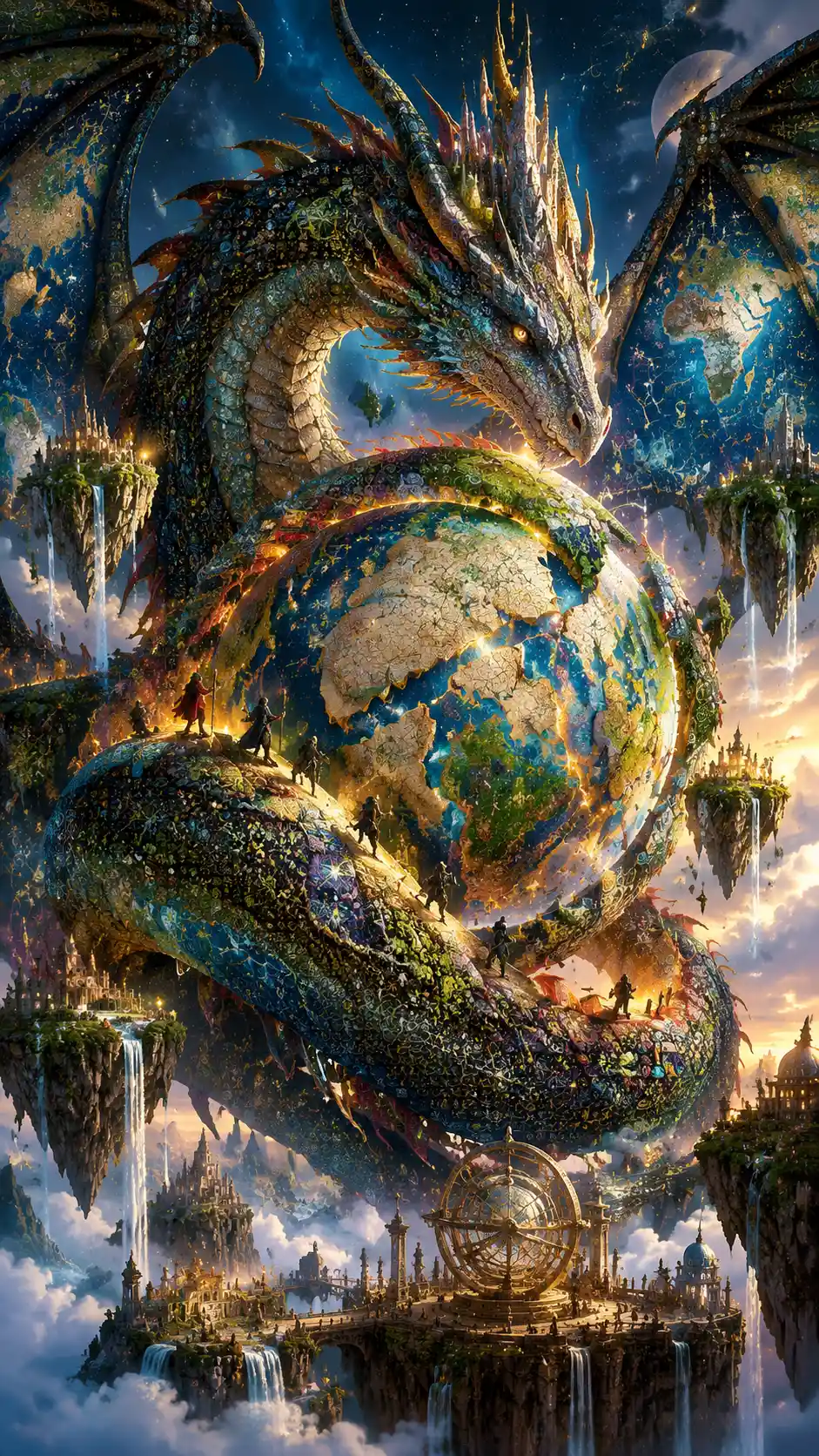 Ancient dragon guarding a floating globe of broken maps