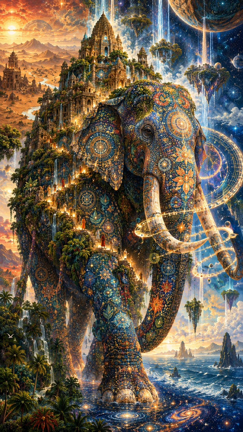 Éléphant sacré colossal traversant un monde élémentaire surréaliste