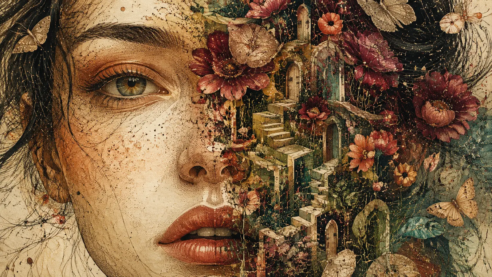 Surreal close up of a woman opening into a secret garden