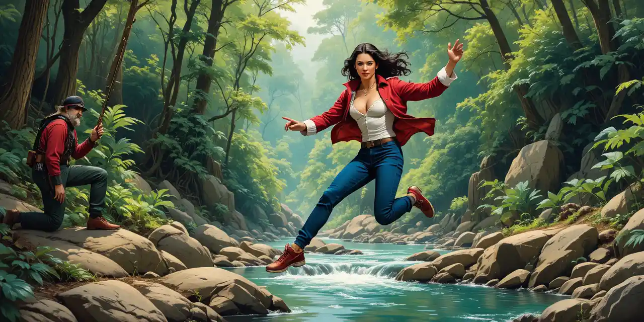 Vintage pin up woman in santa outfit jumping over river