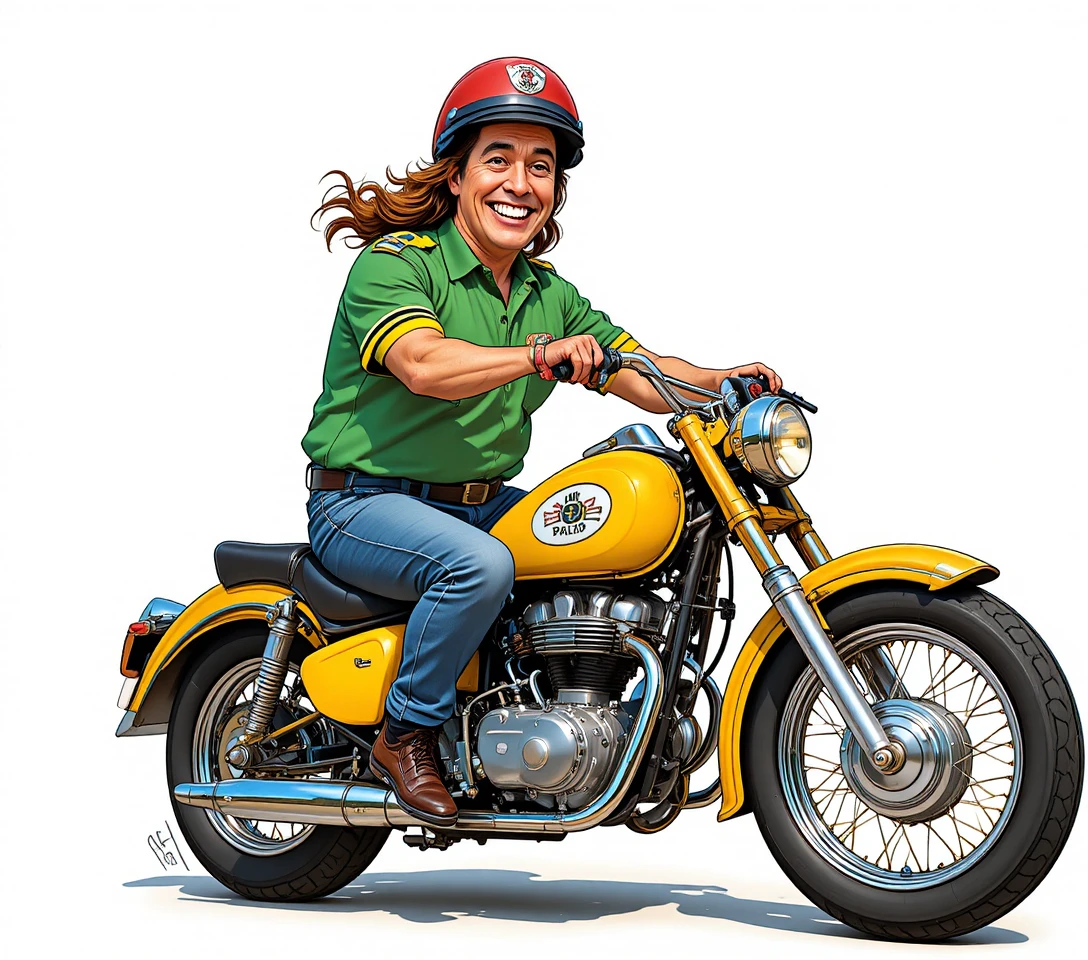 Hombre alegre conduciendo una motocicleta amarilla vintage en estilo cómic