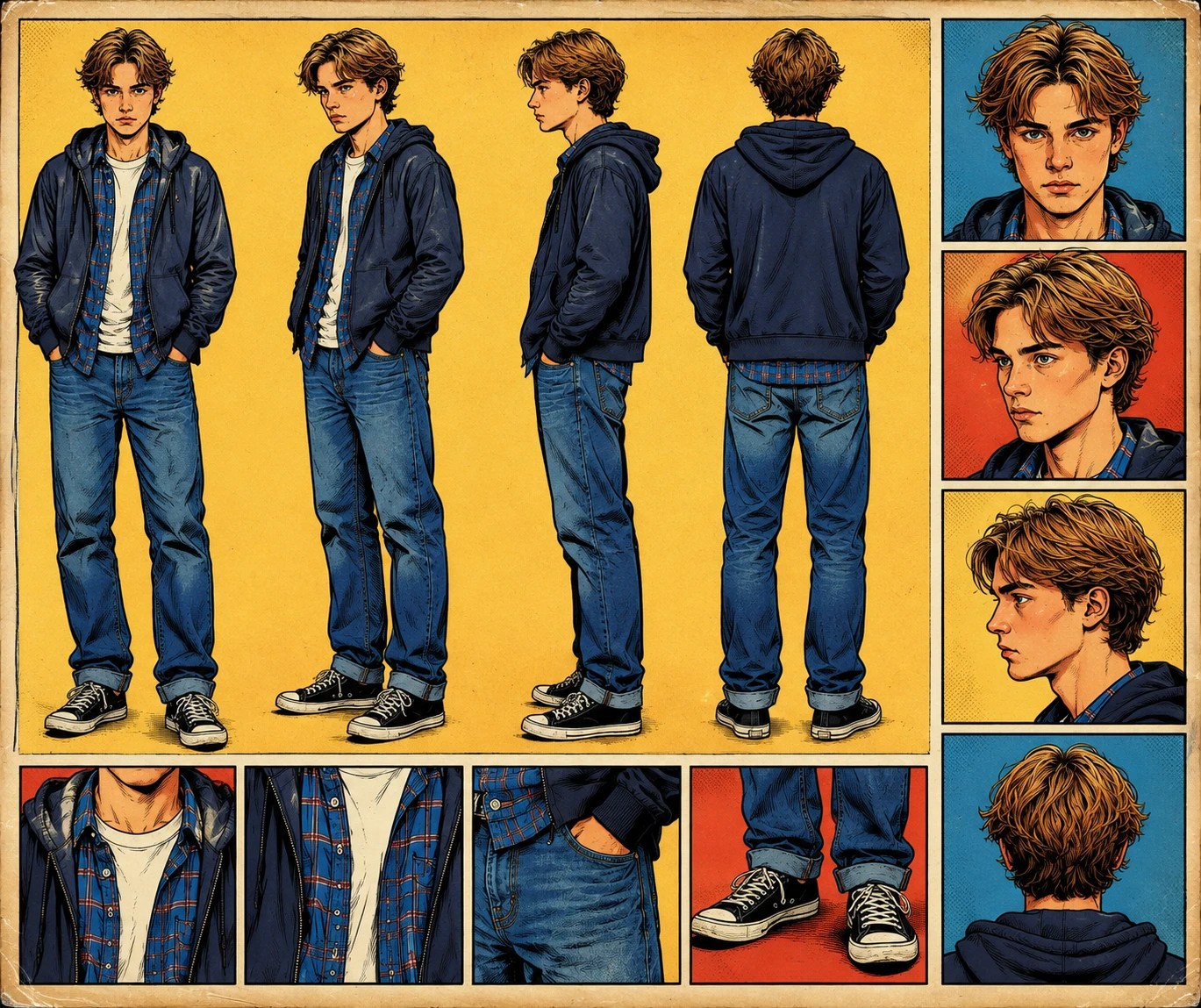 Vintage comic book character reference sheet illustration