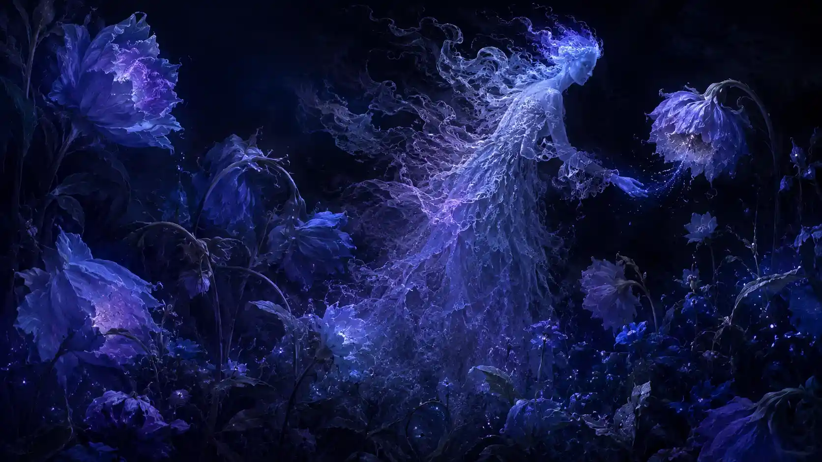 Ethereal spectral figure among towering nocturnal flowers