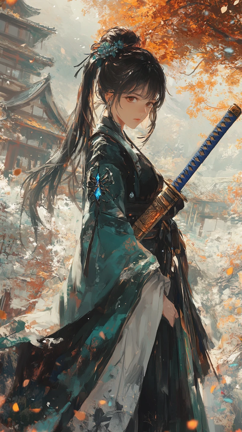 Chica de anime caminando con espada por un bosque nocturno