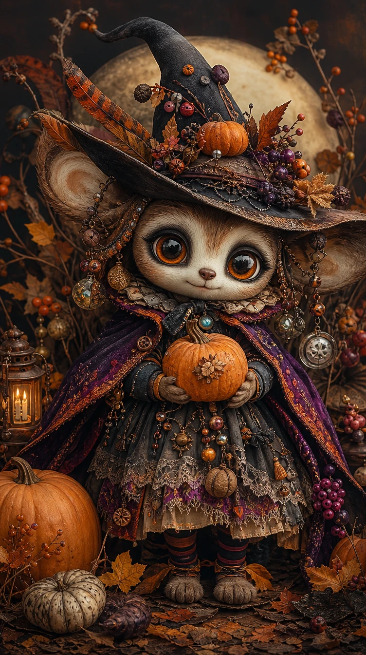 Whimsical autumn fantasy creature with pumpkins and botanicals