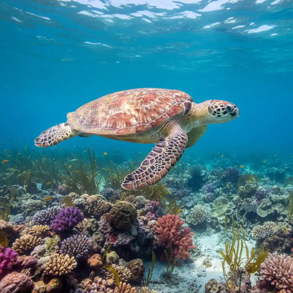 Majestic sea turtle gliding through clear blue ocean