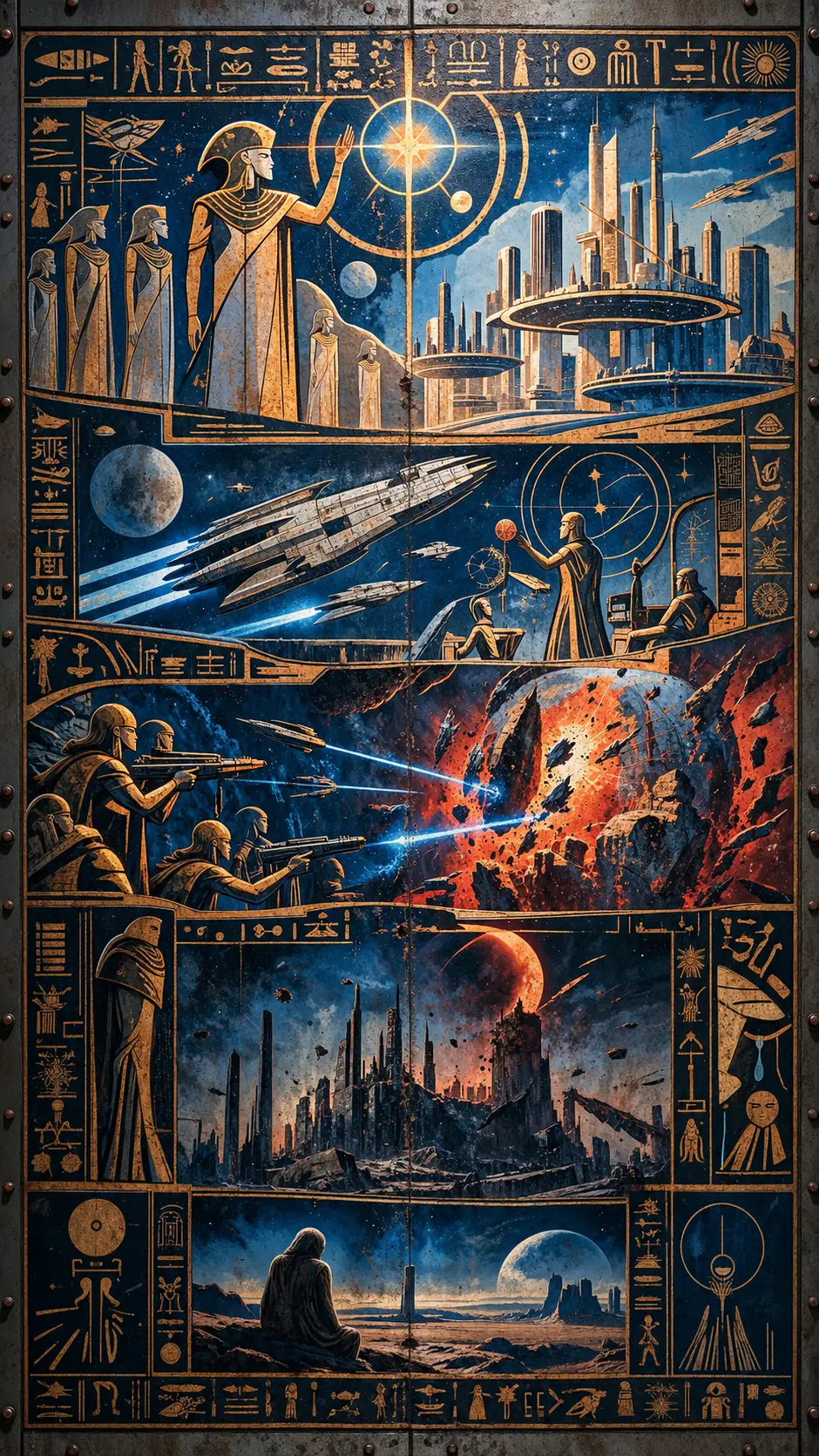 Narrative space civilization mural on ancient steel wall