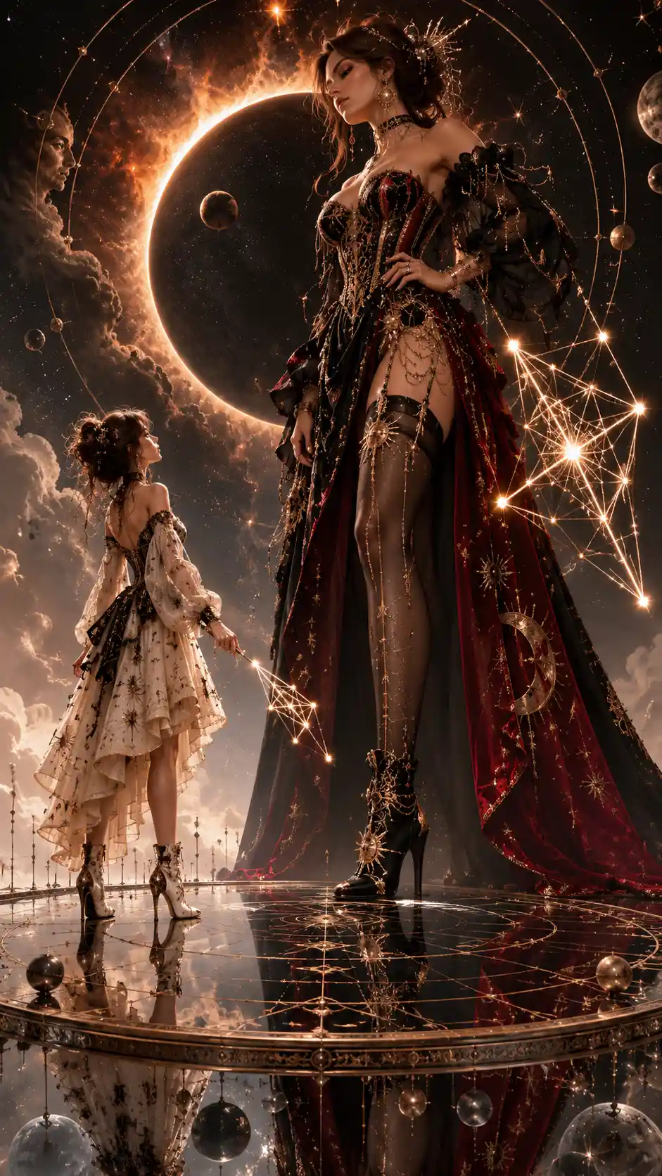 Tiny duelist faces giant mirrored self on cosmic platform