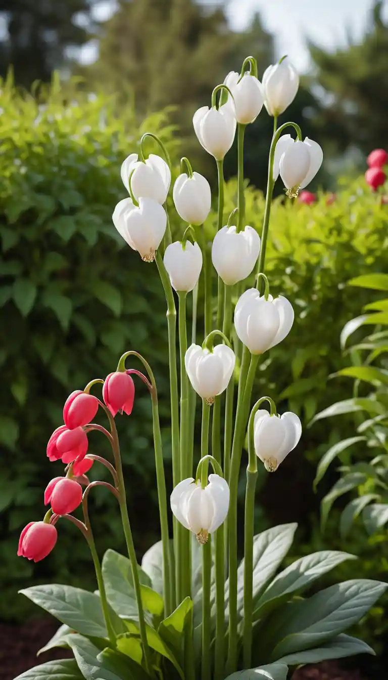 Macro close up of tall red and white garden flower