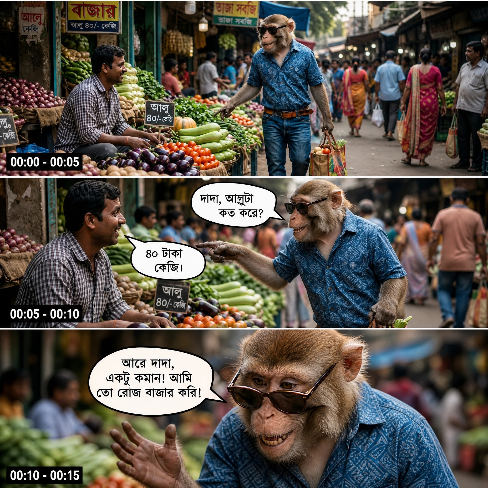 Monkey in sunglasses walking through busy Indian vegetable market