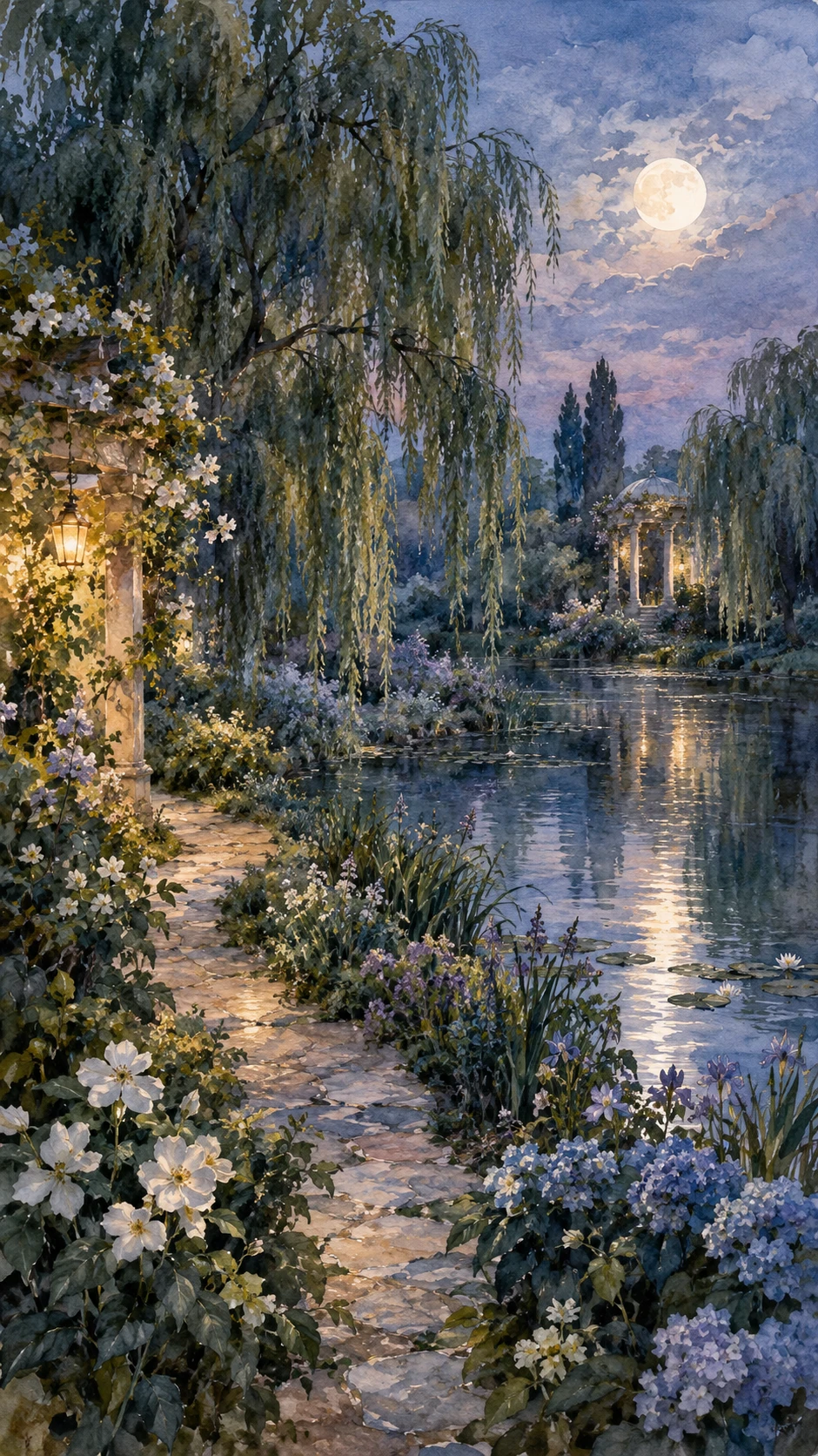 Romantic Watercolor Garden With Moonlit Path And Pond