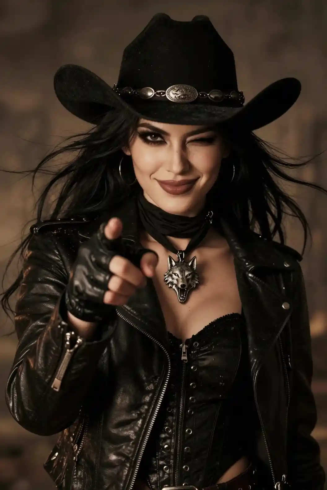 Fierce outlaw woman in black hat pointing at camera