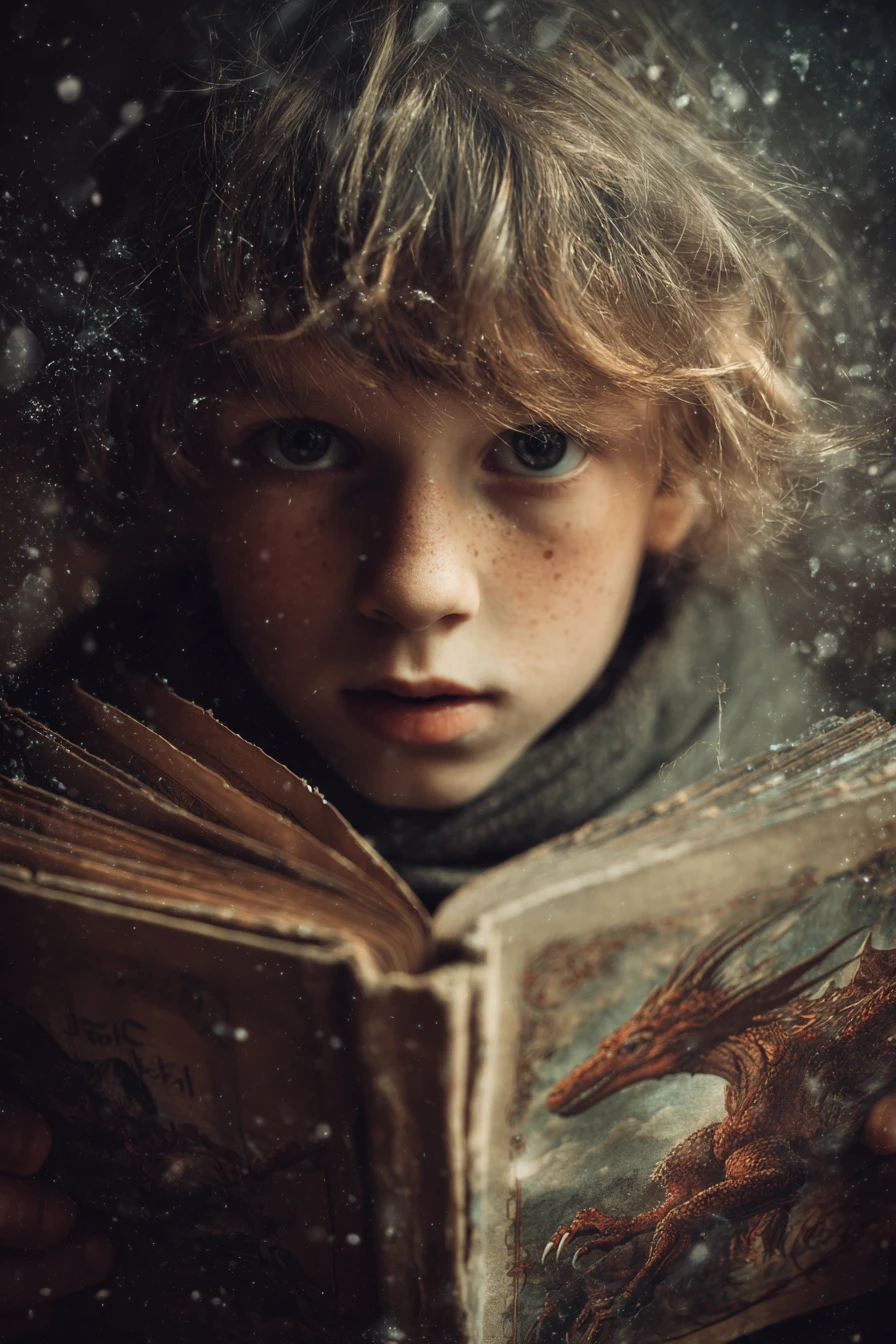 Young boy watching endless story worlds unfold from books
