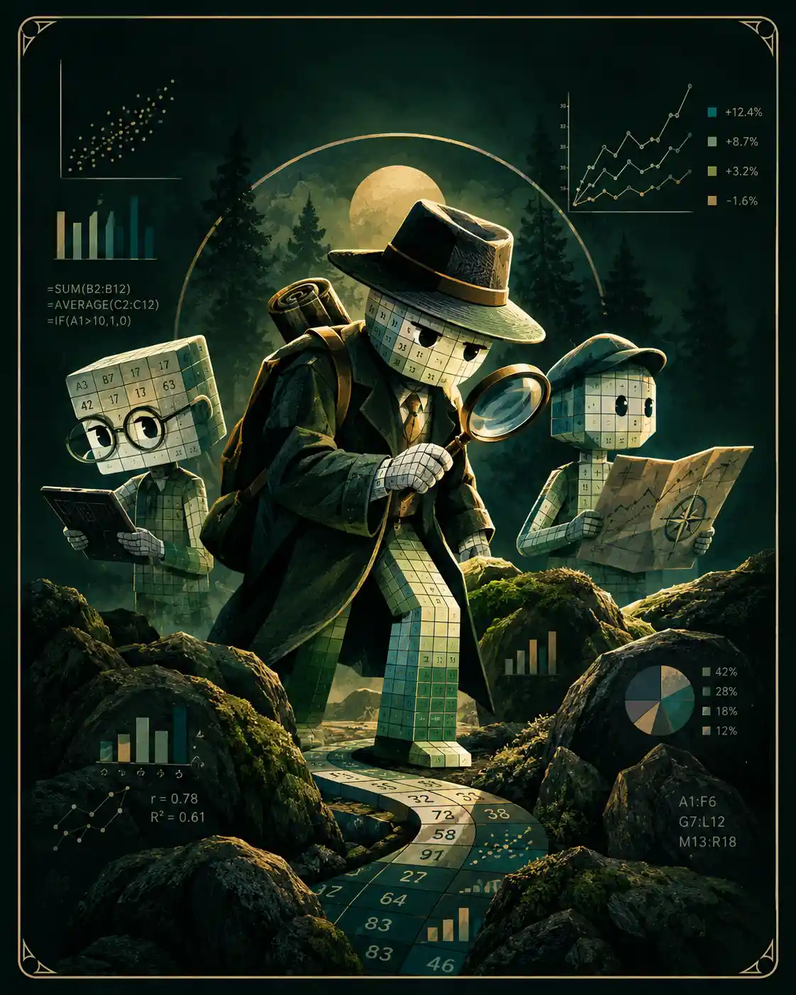 Carta de estrategia surreal con diseño de datos en verde bosque