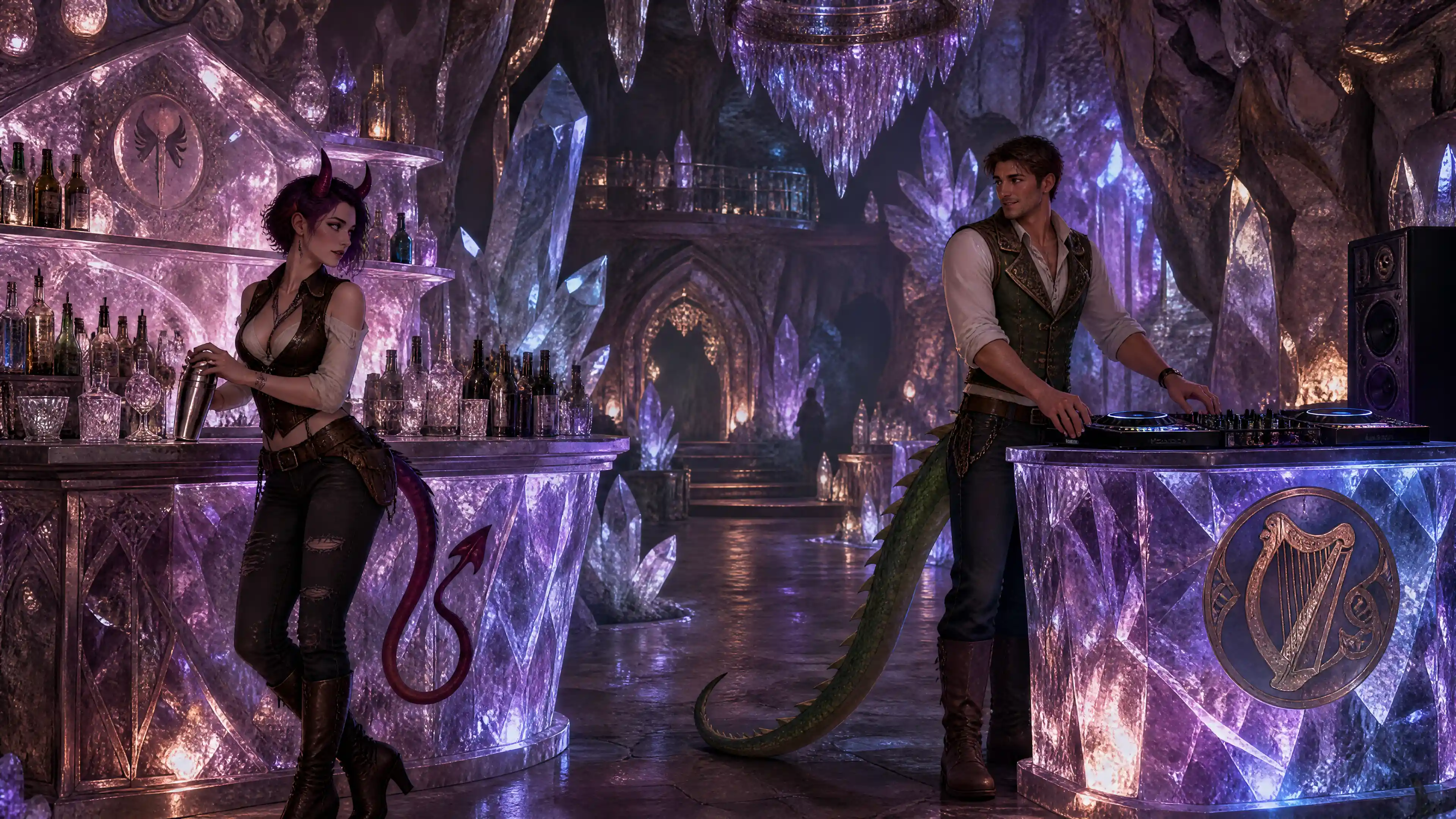 Fantasy couple in a glowing crystal cavern bar