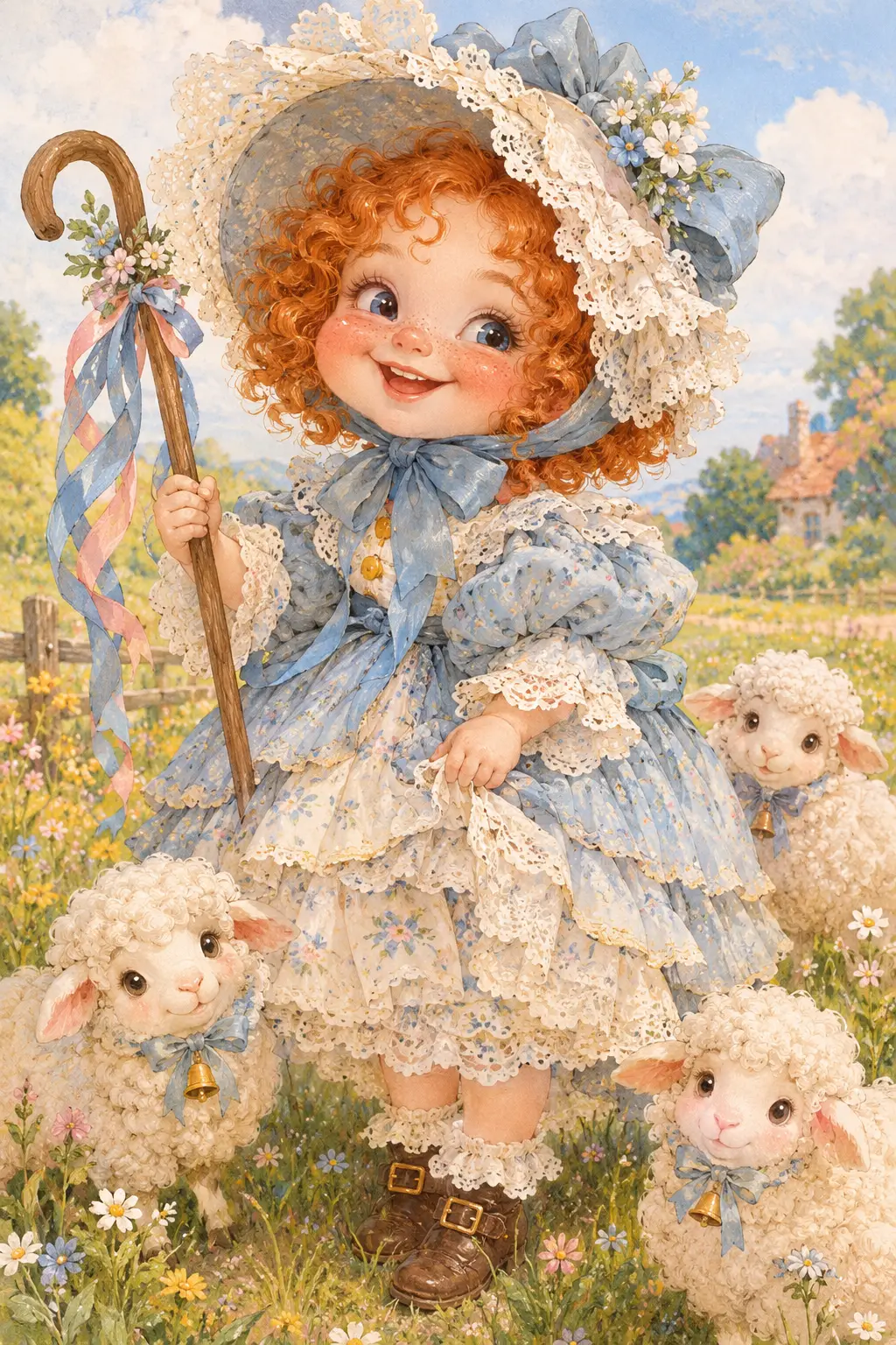Playful chubby girl shepherd with bow hat and lambs