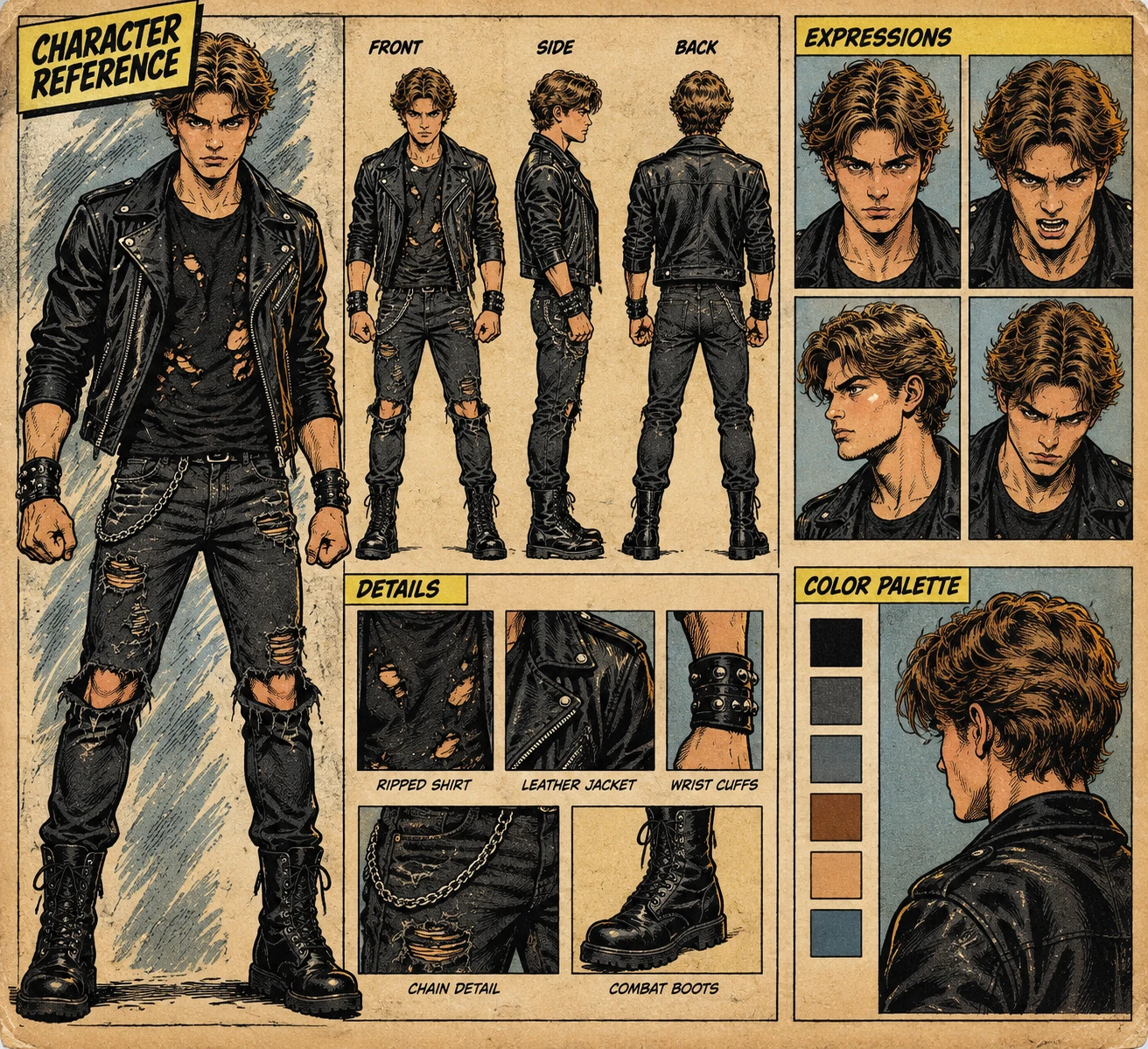 Vintage comic style character reference sheet illustration