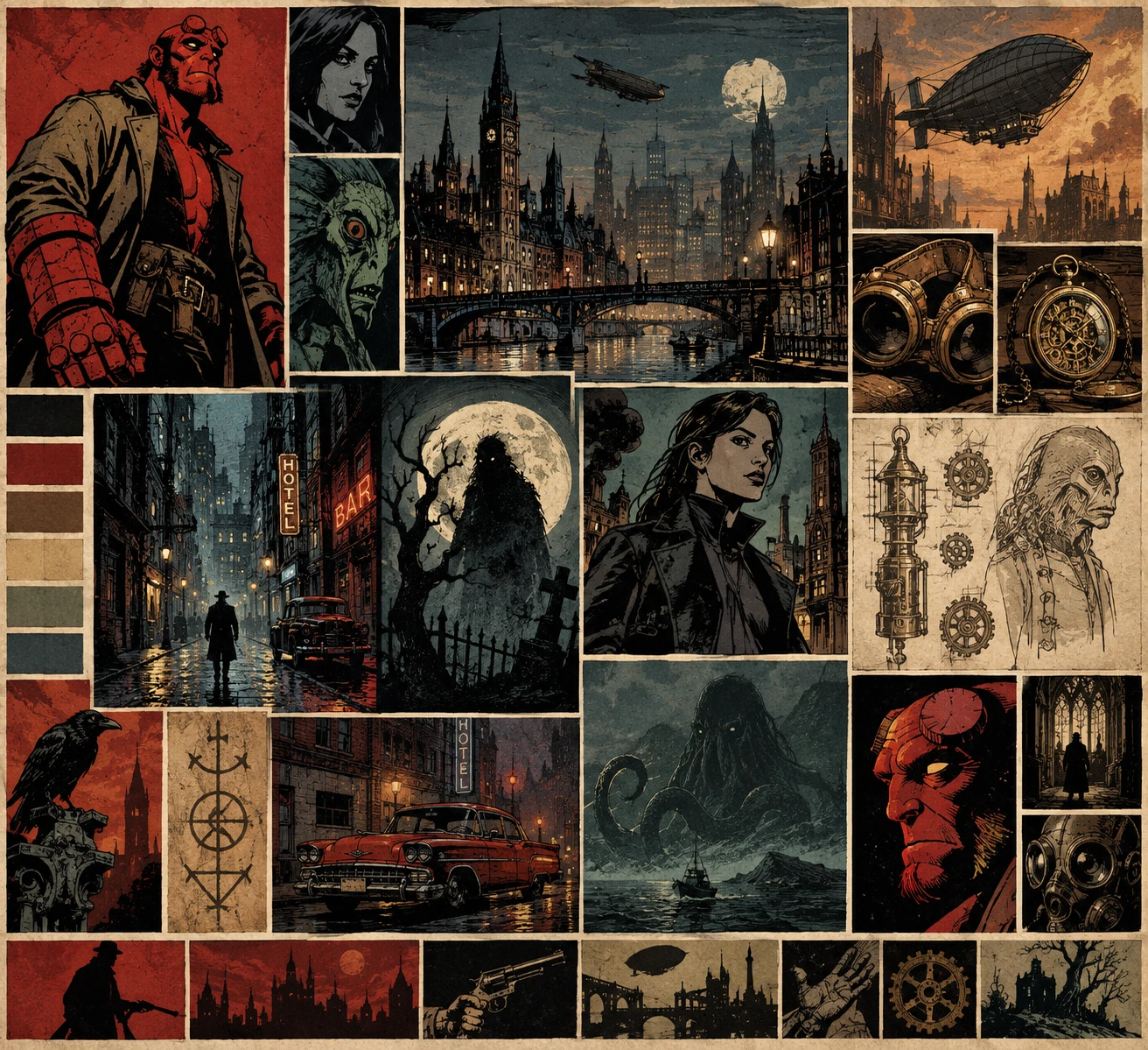 Dark urban fantasy demon board in vintage comic style