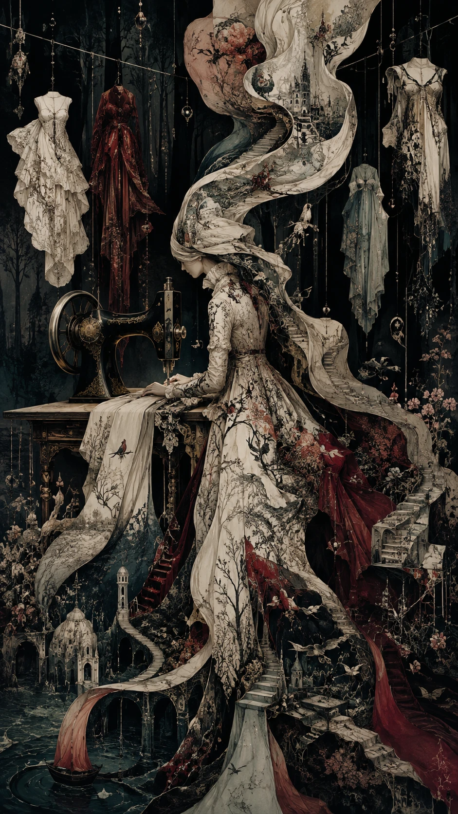 Surreal seamstress at a floating atelier in a dark forest