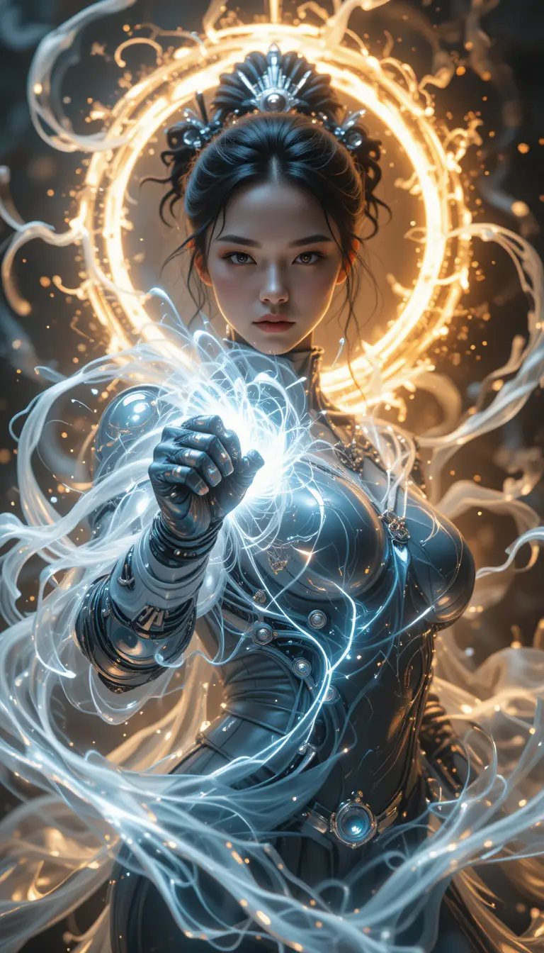 Goddess of explosive power with glowing mechanical fist