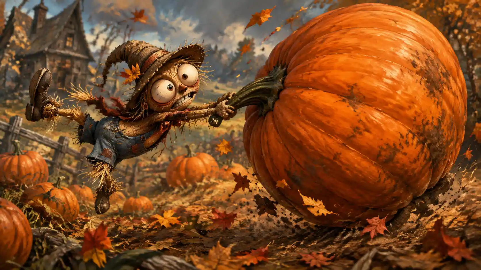 Tiny scarecrow clinging to a runaway giant pumpkin