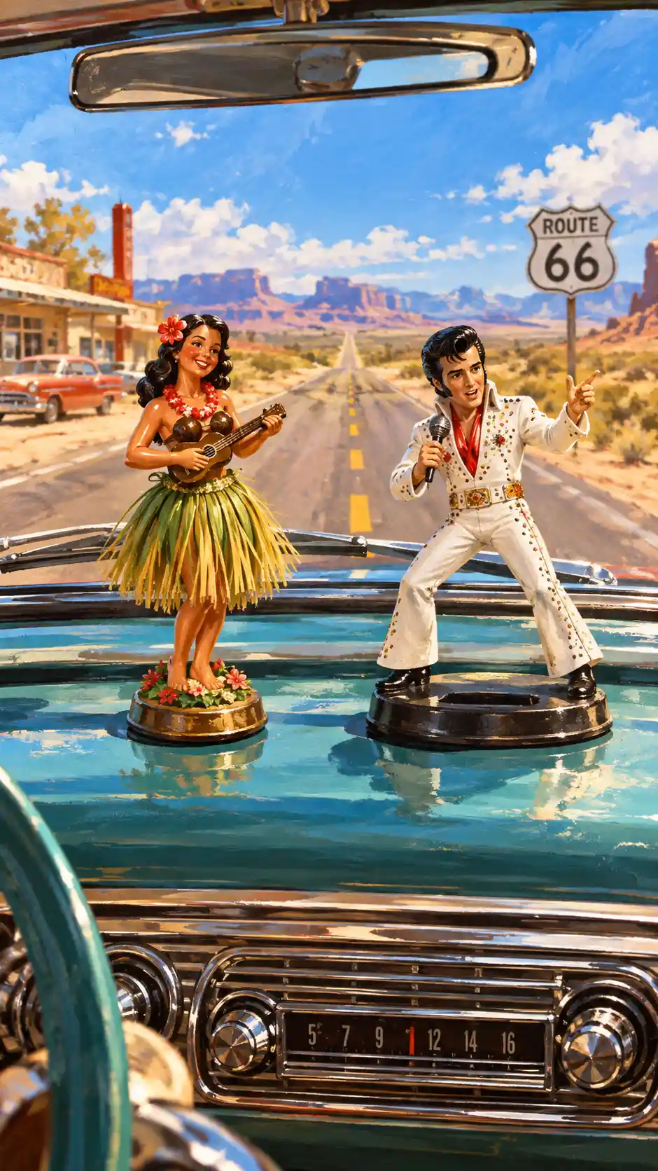 Figurines dansantes sur le tableau de bord d’une voiture classique sur la Route 66