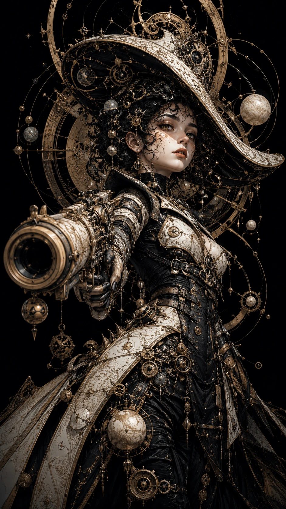 Chica pistolera celeste steampunk con cañón de mano ornamentado