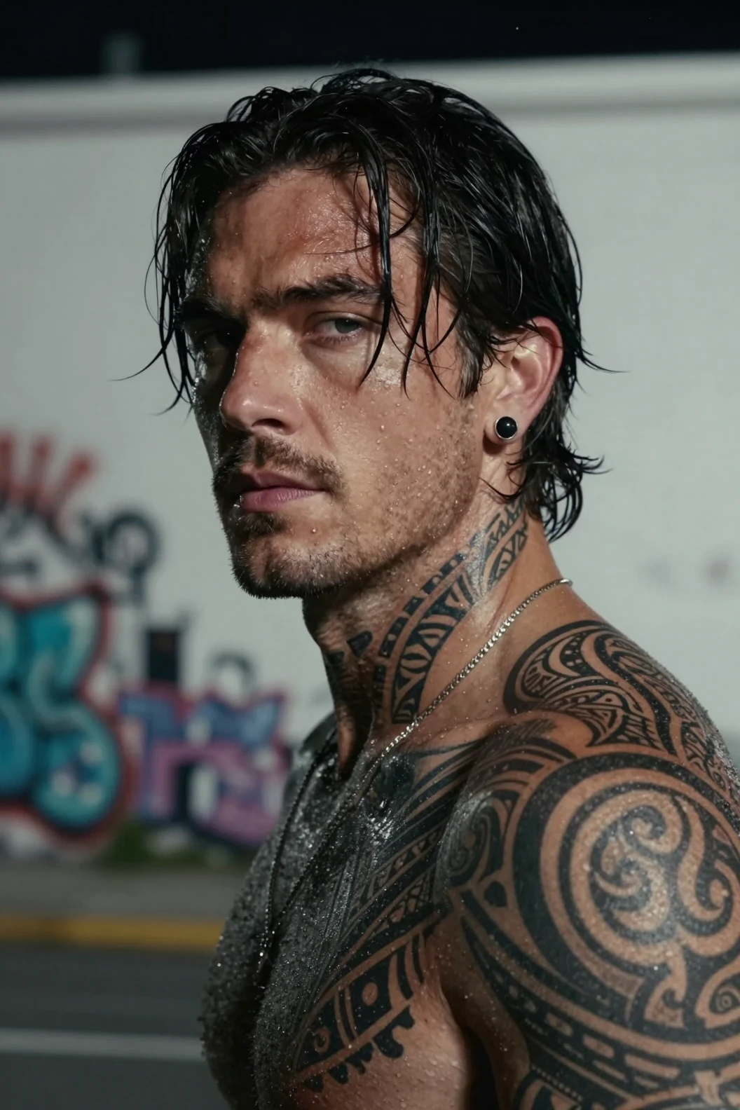 Retrato cinematográfico en primer plano de un hombre tatuado y taciturno