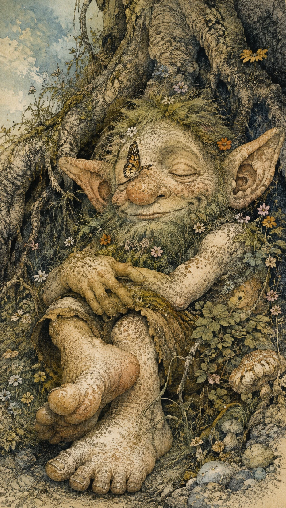 Sleeping forest troll beneath ancient tree roots