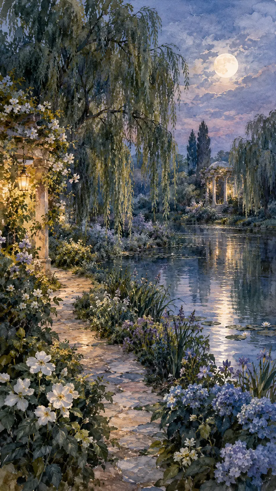 Jardin Romantique en Aquarelle avec Allée au Clair de Lune et Étang