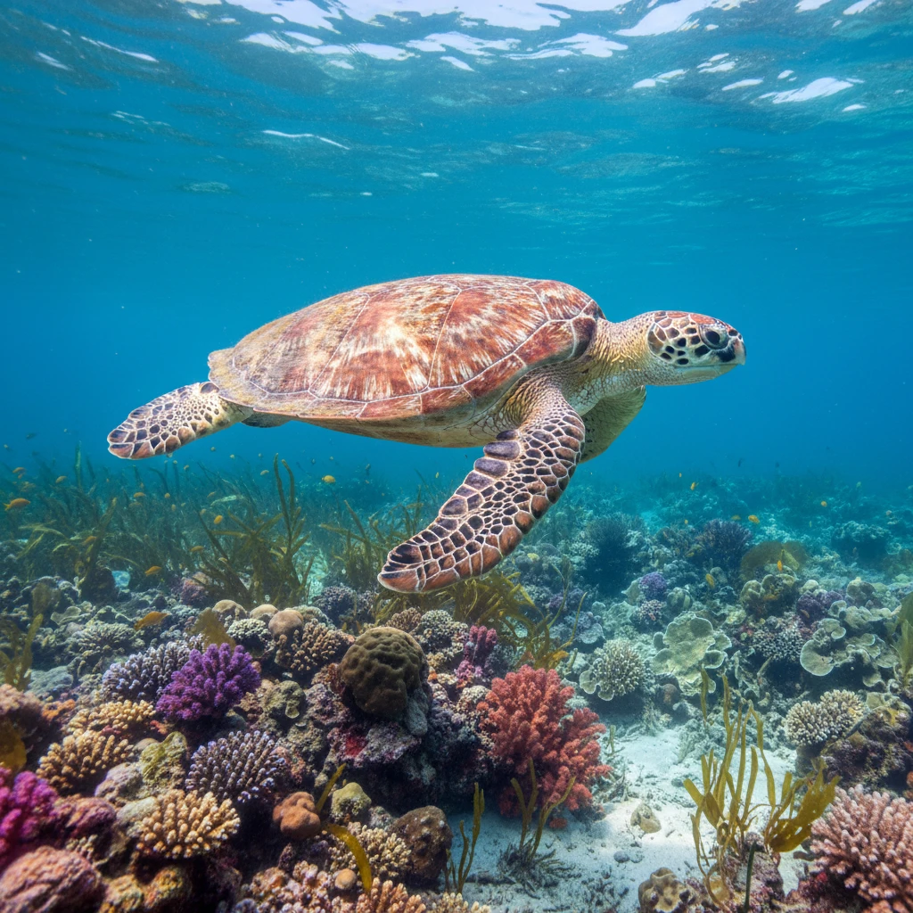 Majestic sea turtle gliding through clear blue ocean