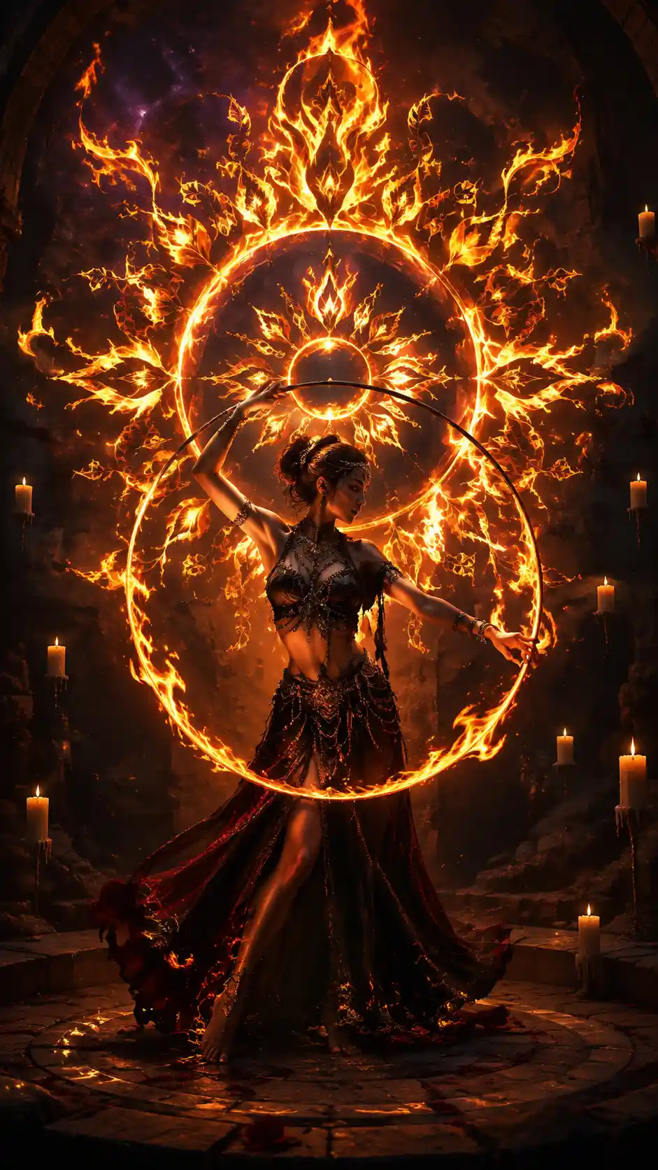 Fire dancer with blazing occult sun in stone ruins