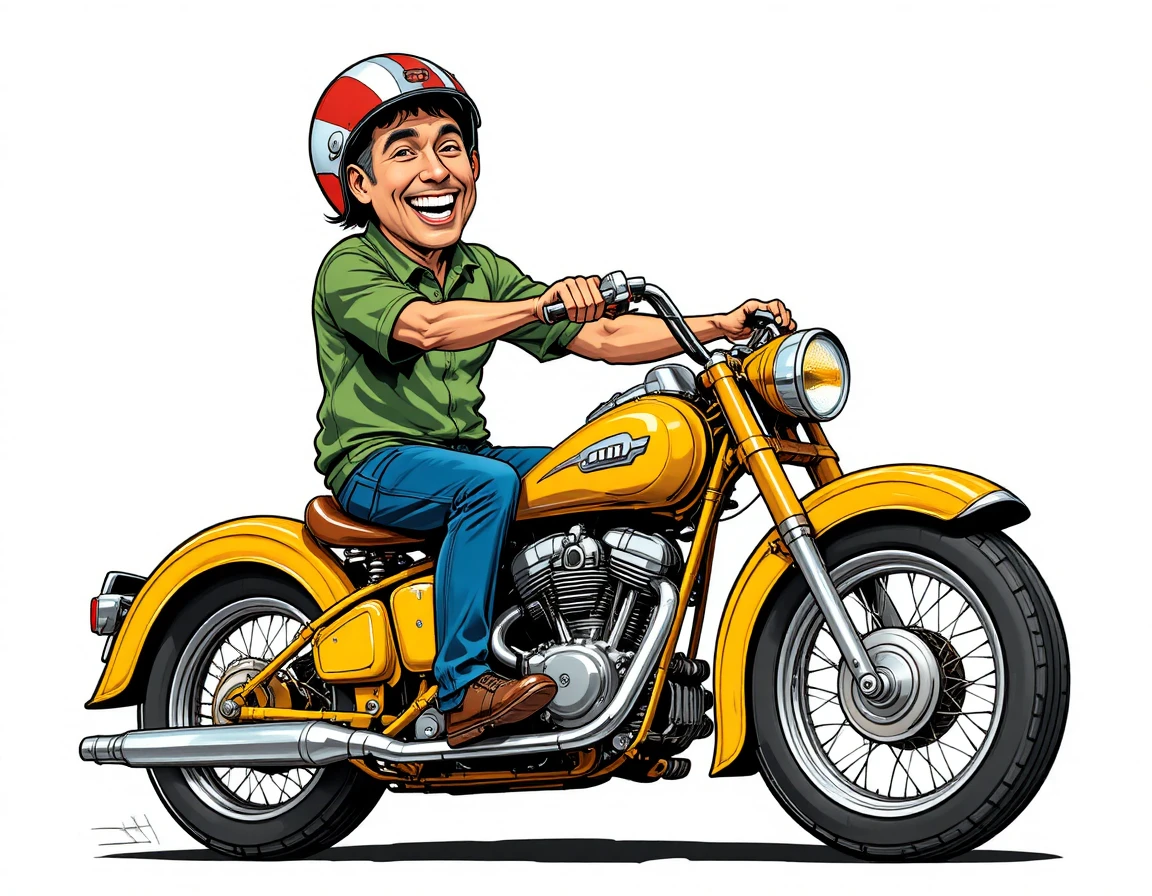 Cheerful man riding a vintage yellow motorcycle illustration