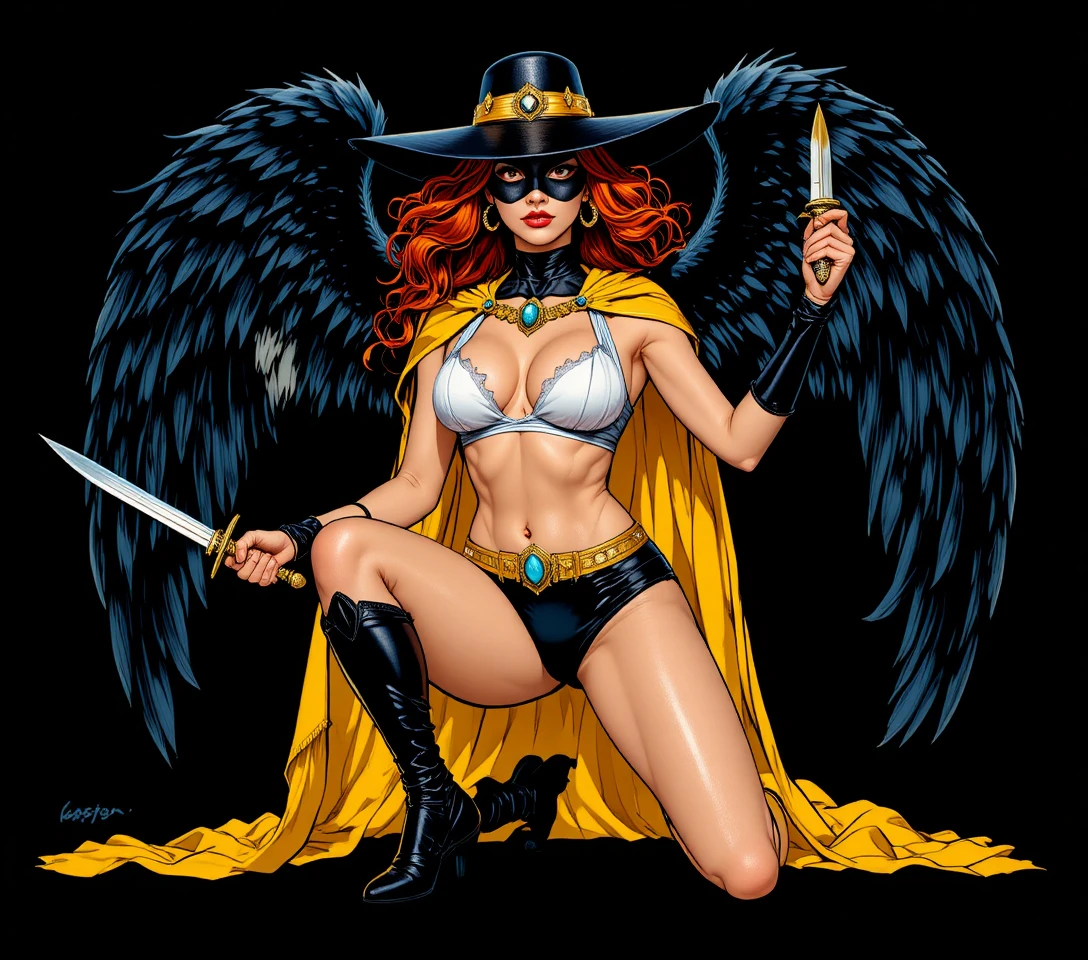 Winged female superhero kneeling with twin daggers