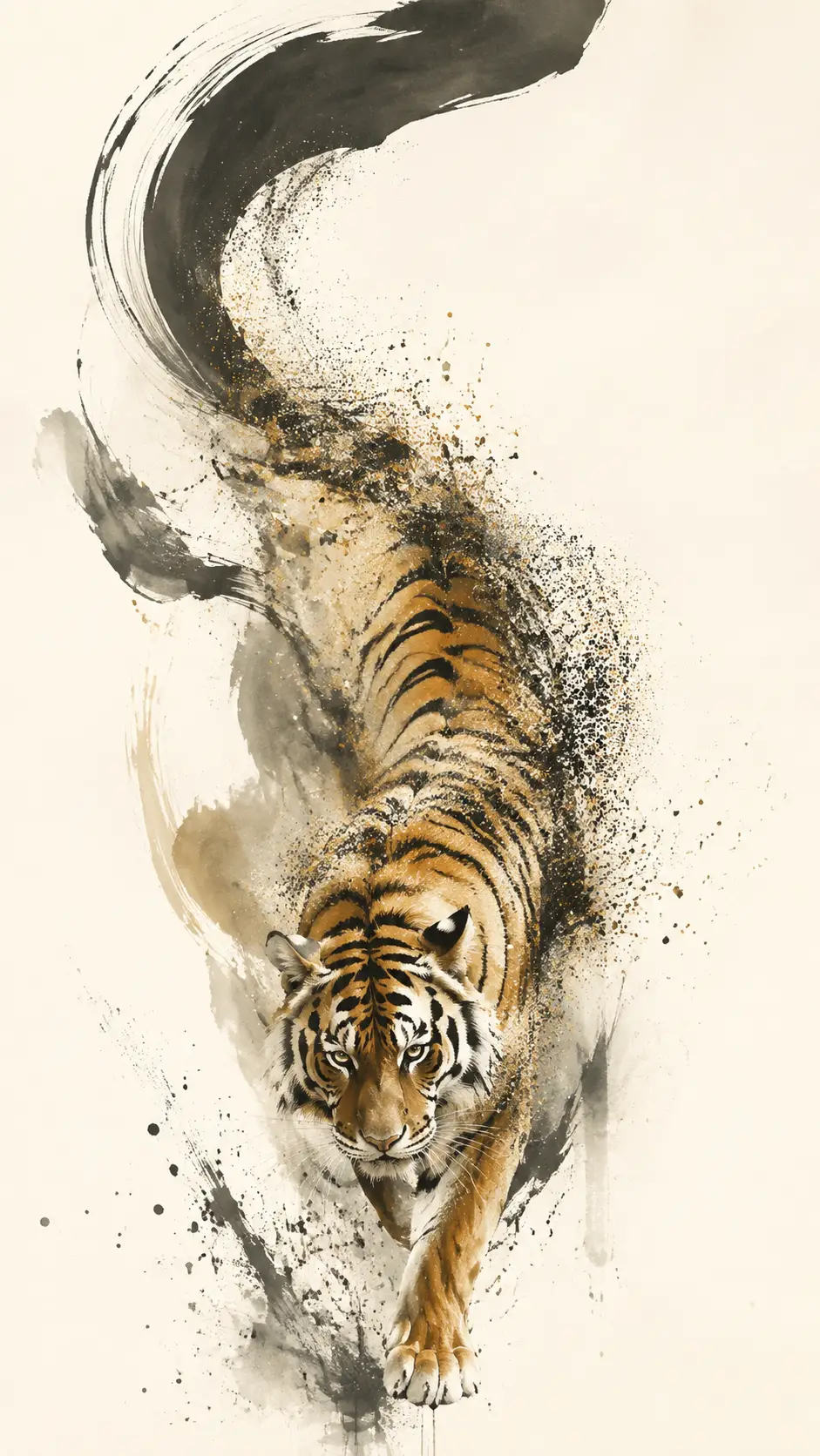 Tiger in sweeping calligraphic arc over ivory negative space